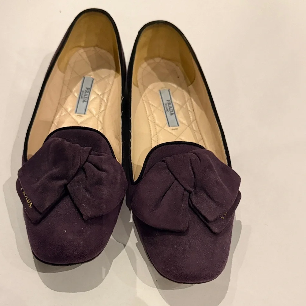Prada Women's Deep Purple Suede Flats with Bow with Gold Prada accents - Picture 1 of 13